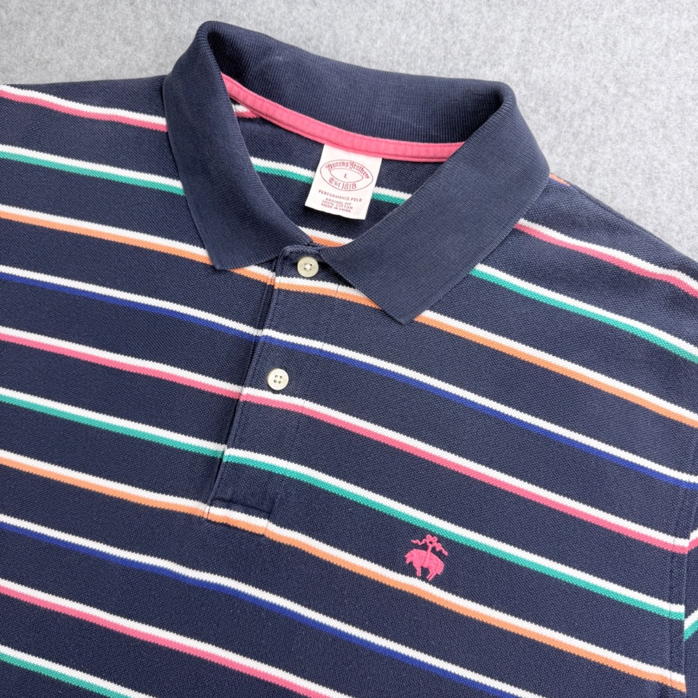 Brooks Brothers Performance Polo Mens L Navy Blue Multi Color Striped Cotton EX